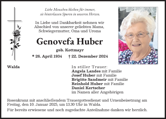 Traueranzeige von Genovefa Huber von Neuburger Rundschau
