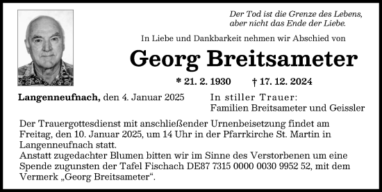 Traueranzeige von Georg Breitsameter von Schwabmünchner Allgemeine, Augsburger Allgemeine