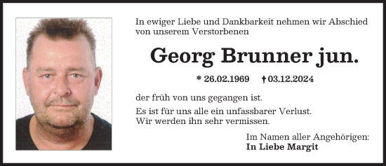 Traueranzeige von Georg Brunner jun. von Friedberger Allgemeine