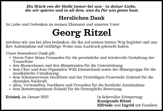Traueranzeige von Georg Ritzel von Mindelheimer Zeitung