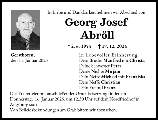 Traueranzeige von Georg Josef Abröll von Augsburger Allgemeine