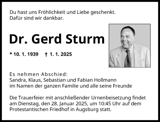 Traueranzeige von Gerd Sturm von Augsburger Allgemeine