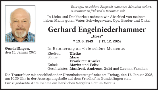 Traueranzeige von Gerhard Engelniederhammer von Donau Zeitung