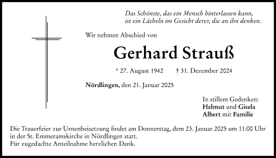 Traueranzeige von Gerhard Strauß von Donauwörther Zeitung, Rieser Nachrichten
