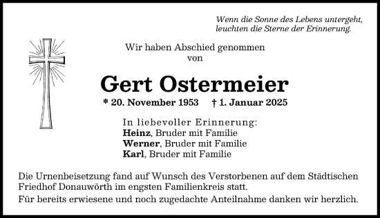 Traueranzeige von Gert Ostermeier von Donauwörther Zeitung