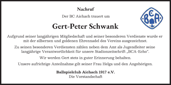 Traueranzeige von Gert-Peter Schwank von Aichacher Nachrichten