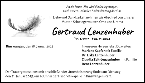 Traueranzeige von Gertraud Lenzenhuber von Wertinger Zeitung