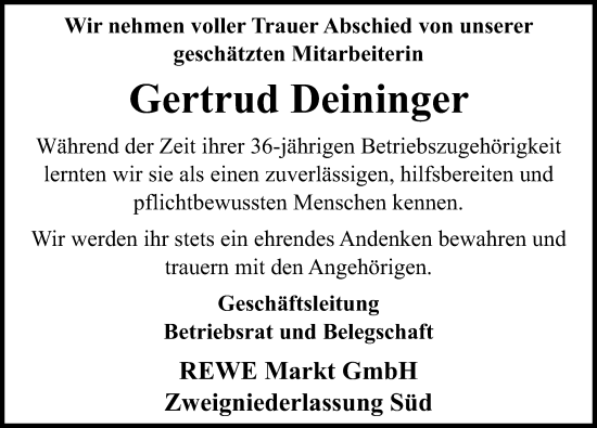 Traueranzeige von Gertrud Deininger von Mittelschwäbische Nachrichten, Günzburger Zeitung