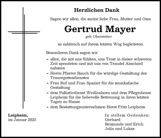 Traueranzeige von Gertrud Mayer von Günzburger Zeitung