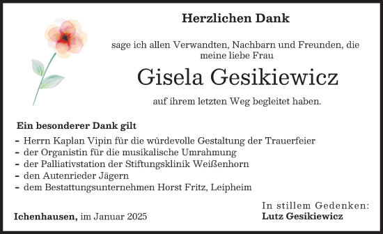 Traueranzeige von Gisela Gesikiewicz von Günzburger Zeitung