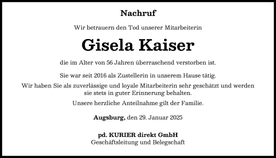 Traueranzeige von Gisela Kaiser von Aichacher Nachrichten