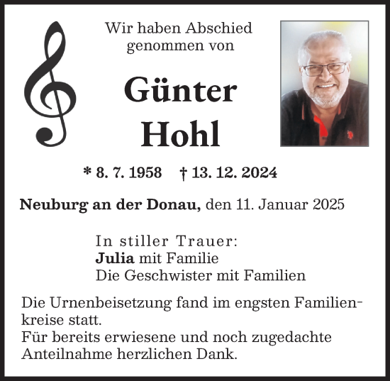 Traueranzeige von Günter Hohl von Neuburger Rundschau