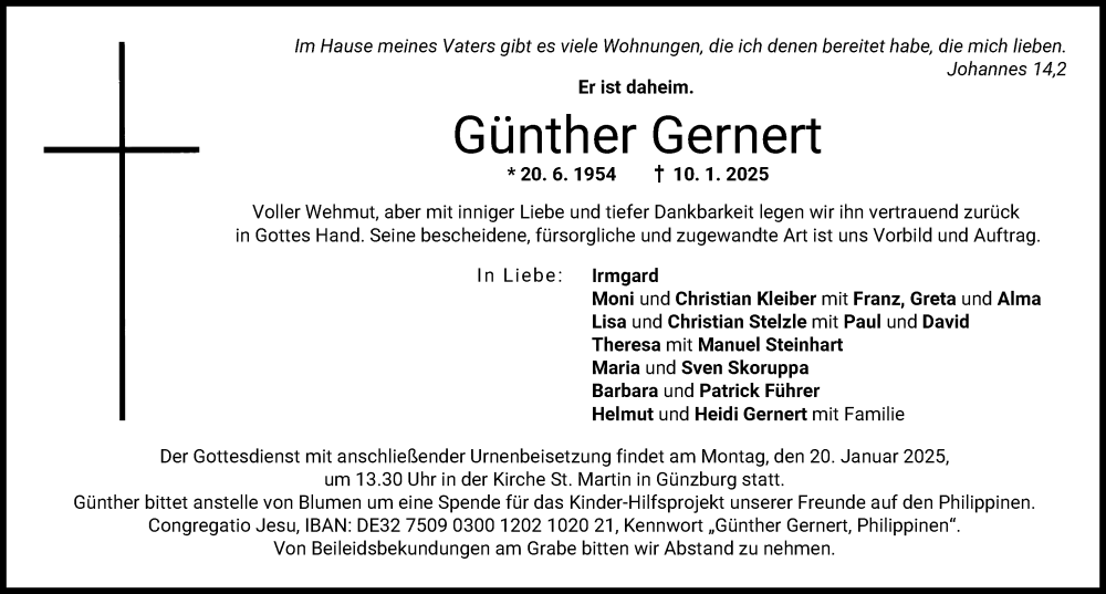  Traueranzeige für Günther Gernert vom 14.01.2025 aus Günzburger Zeitung