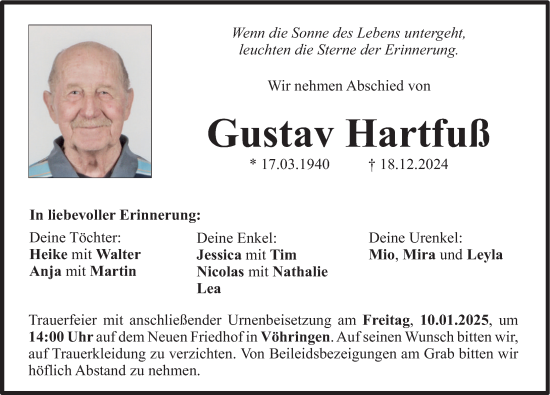 Traueranzeige von Gustav Hartfuß von Illertisser Zeitung