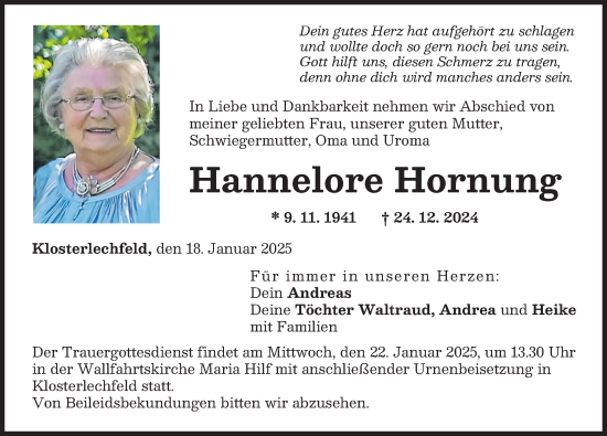 Traueranzeige von Hannelore Hornung von Schwabmünchner Allgemeine