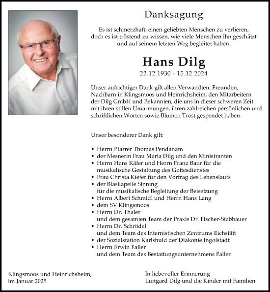 Traueranzeige von Hans Dilg von Neuburger Rundschau