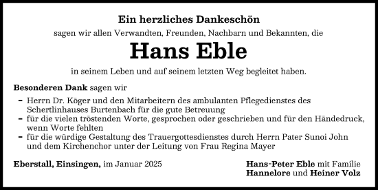Traueranzeige von Hans Eble von Günzburger Zeitung, Augsburger Allgemeine, Neu-Ulmer Zeitung