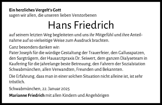 Traueranzeige von Hans Friedrich von Schwabmünchner Allgemeine