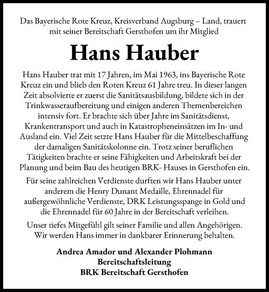 Traueranzeige von Hans Hauber von Augsburg-Land