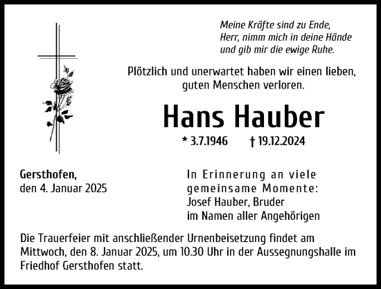 Traueranzeige von Hans Hauber von Augsburger Allgemeine