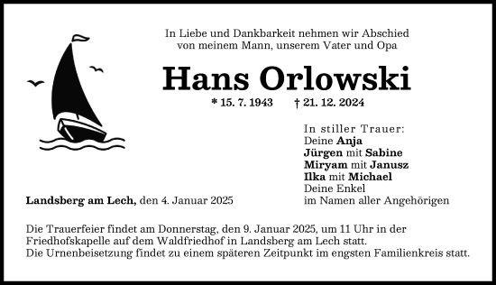 Traueranzeige von Hans Orlowski von Landsberger Tagblatt
