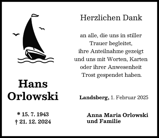 Traueranzeige von Hans Orlowski von Landsberger Tagblatt