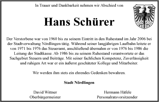 Traueranzeige von Hans Schürer von Rieser Nachrichten