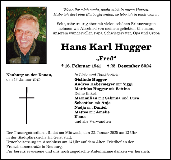 Traueranzeige von Hans Karl Hugger von Neuburger Rundschau