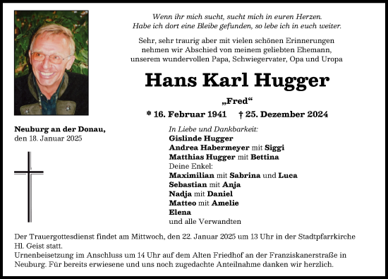 Traueranzeige von Hans Karl Hugger von Donauwörther Zeitung