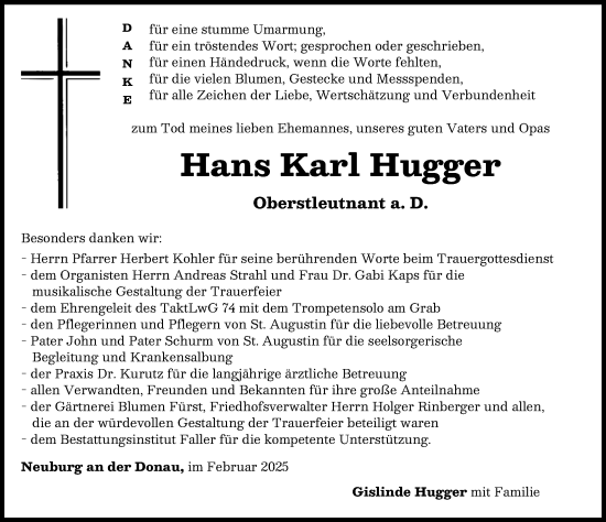 Traueranzeige von Hans Karl Hugger von Neuburger Rundschau