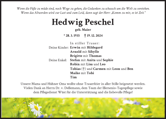 Traueranzeige von Hedwig Peschel von Illertisser Zeitung