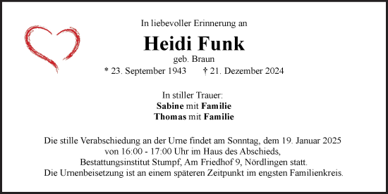 Traueranzeige von Heidi Funk von Rieser Nachrichten
