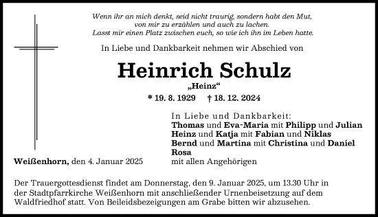 Traueranzeige von Heinrich Schulz von Illertisser Zeitung, Neu-Ulmer Zeitung