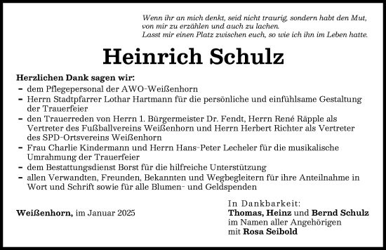 Traueranzeige von Heinrich Schulz von Neu-Ulmer Zeitung