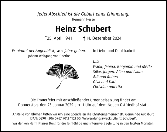 Traueranzeige von Heinz Schubert von Augsburger Allgemeine