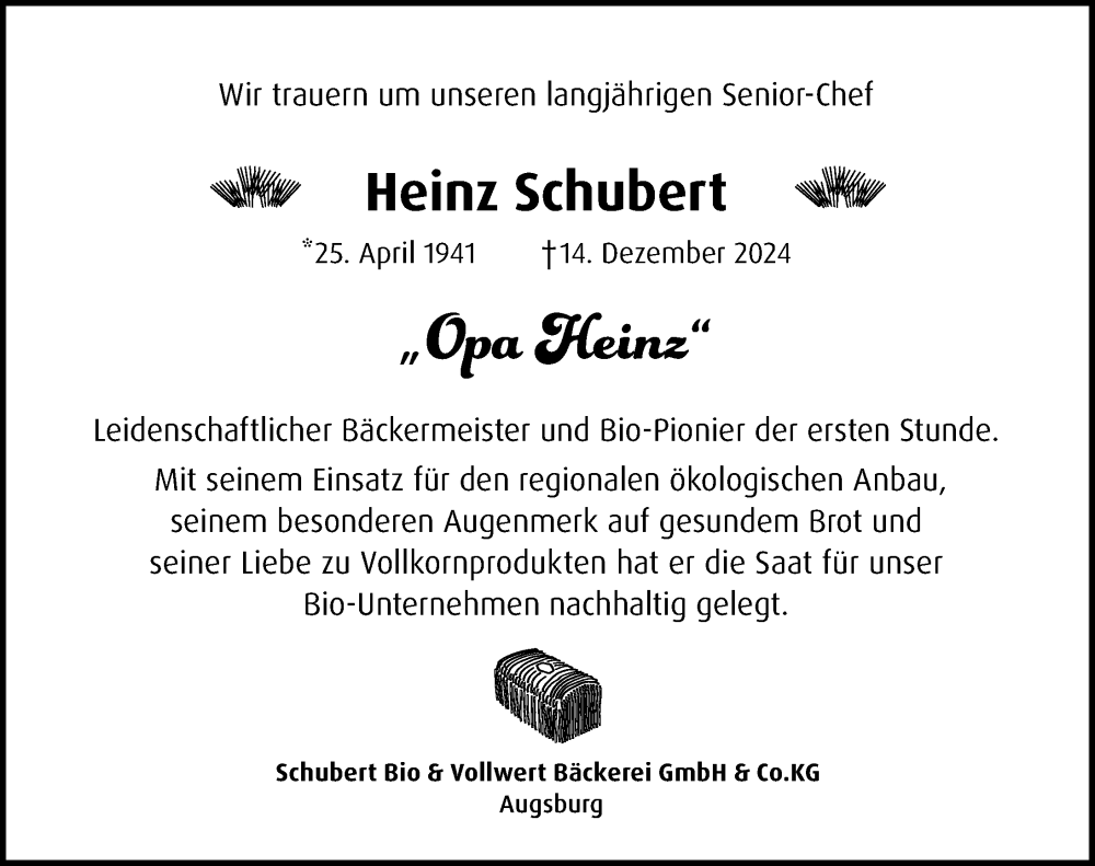 Traueranzeige für Heinz Schubert vom 11.01.2025 aus Augsburger Allgemeine