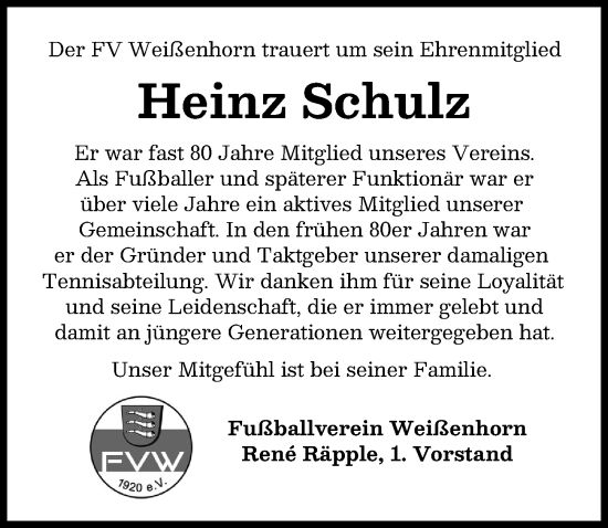 Traueranzeige von Heinz Schulz von Neu-Ulmer Zeitung
