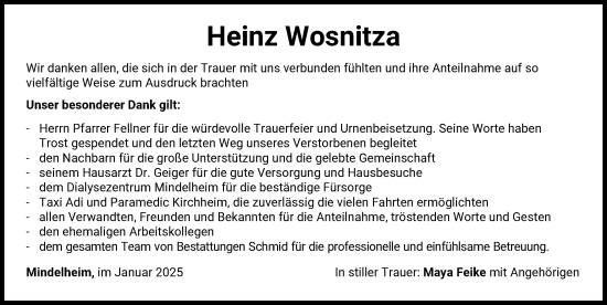 Traueranzeige von Heinz Wosnitza von Mindelheimer Zeitung