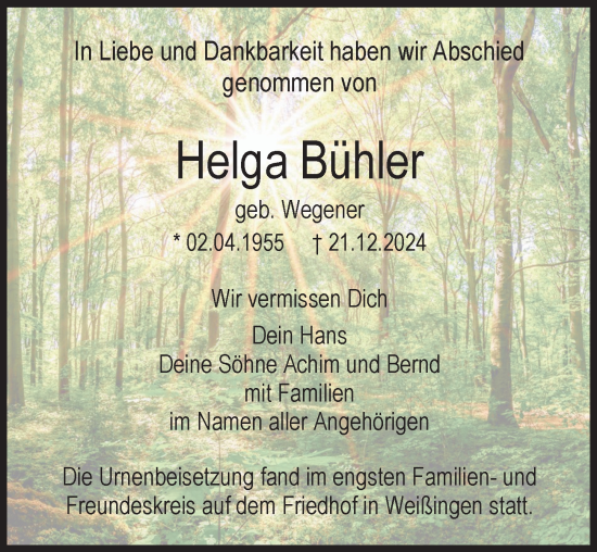 Traueranzeige von Helga Bühler von Günzburger Zeitung