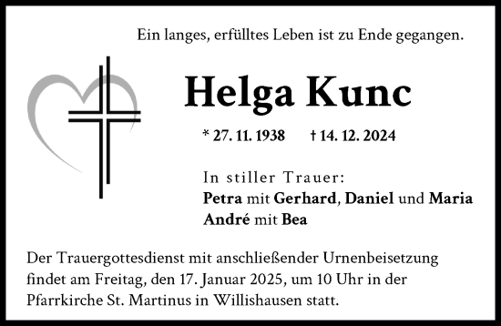 Traueranzeige von Helga Kunc von Augsburger Allgemeine