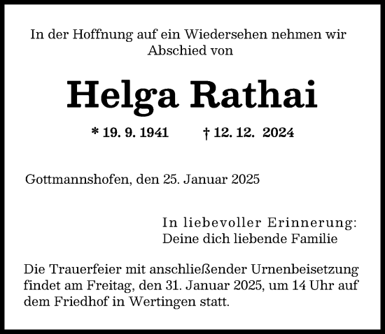Traueranzeige von Helga Rathai von Wertinger Zeitung, Augsburg-Land