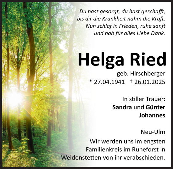 Traueranzeige von Helga Ried von Augsburger Allgemeine