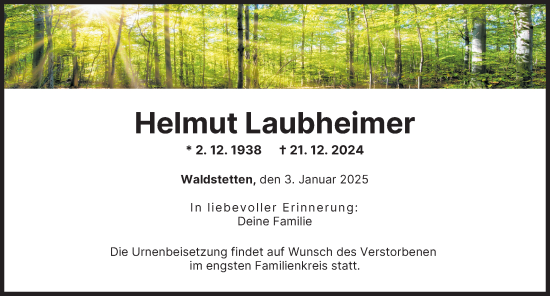 Traueranzeige von Helmut Laubheimer von Günzburger Zeitung