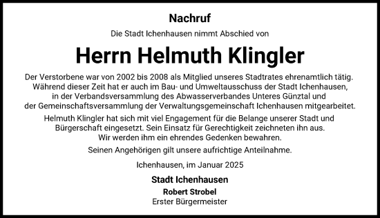 Traueranzeige von Helmuth Klingler von Günzburger Zeitung
