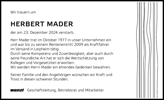 Traueranzeige von Herbert Mader von Günzburger Zeitung