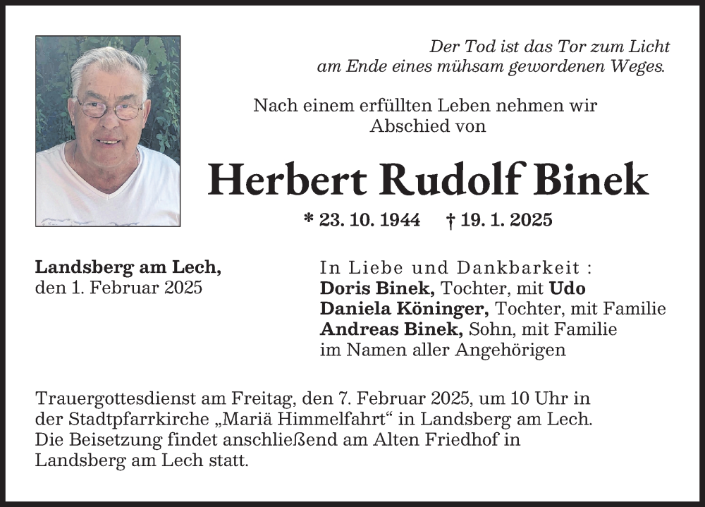  Traueranzeige für Herbert Rudolf Binek vom 01.02.2025 aus Landsberger Tagblatt