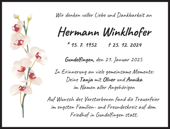 Traueranzeige von Hermann Winklhofer von Donau Zeitung