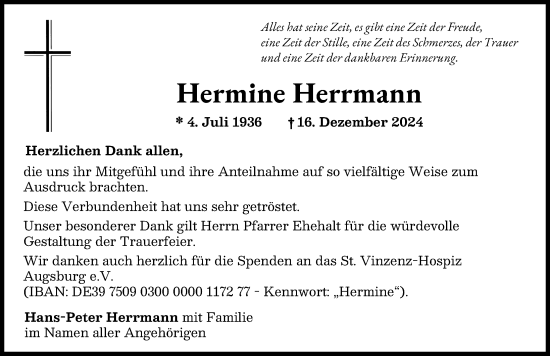 Traueranzeige von Hermine Herrmann von Schwabmünchner Allgemeine