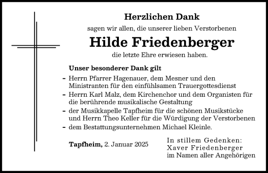 Traueranzeige von Hilde Friedenberger von Donauwörther Zeitung