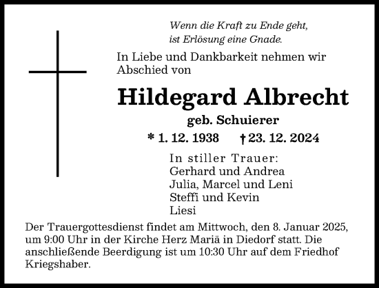 Traueranzeige von Hildegard Albrecht von Augsburger Allgemeine